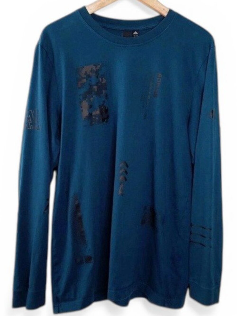 Adidas Teal Pixelated Graphic Shirt Men Long Sleeve Crew Neck Futuristic L